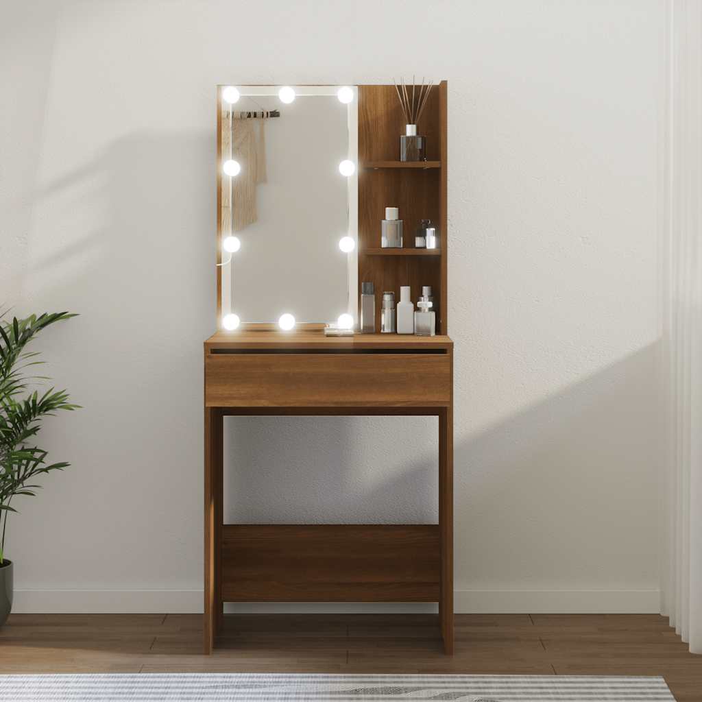 Sminkbord Med Led Åldrat Trä 60X40X140 Cm