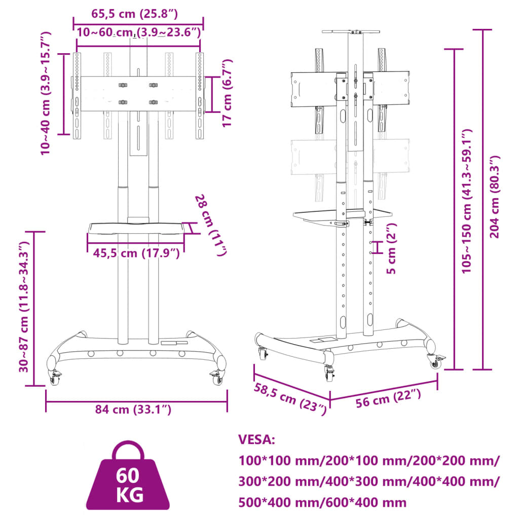Tv-Ställ På Hjul För 32-70 Tums Skärm Max Vesa 600X400 Mm 60Kg