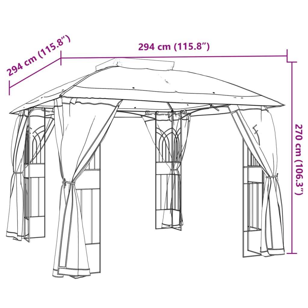 Paviljong Med Dubbelt Tak & Nätväggar 2,94X2,94 M Stål