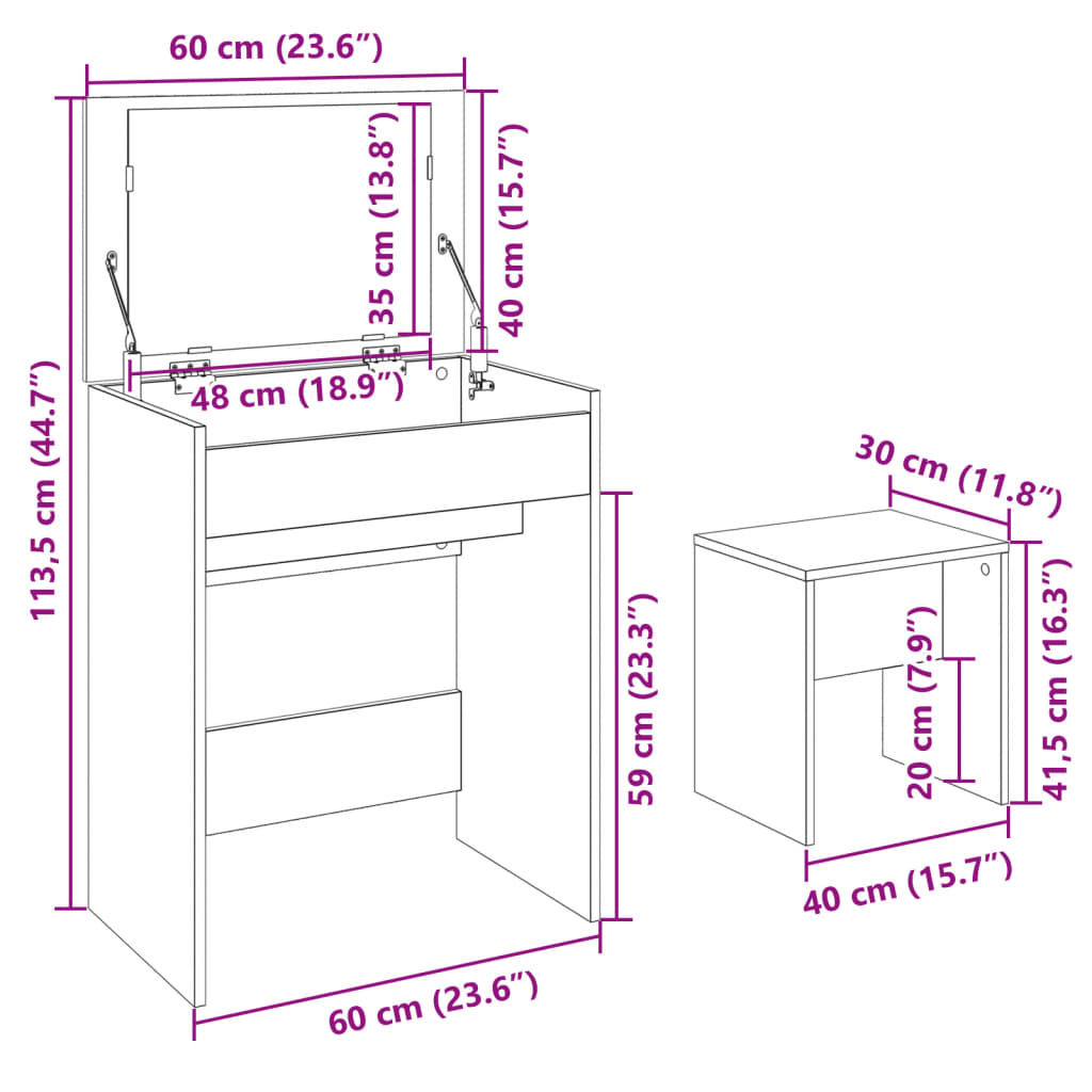 Sminkbord Med Pall 60X40X113,5 Cm