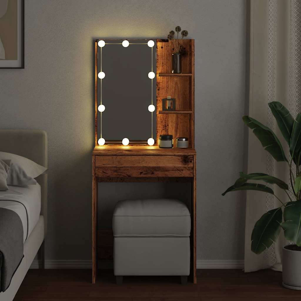 Sminkbord Med Led Åldrat Trä 60X40X140 Cm