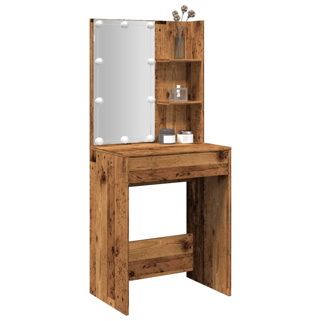 Sminkbord Med Led Åldrat Trä 60X40X140 Cm