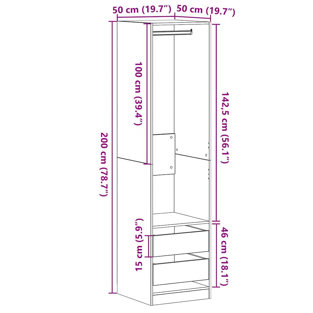 Garderob Svart Ek 50 X 50 X 200 Cm Konstruerat Trä