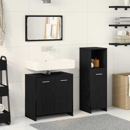 Badrumsmöbelset 3 St Svart Ek 30 X 30 X 95 Cm Konstruerat Trä
