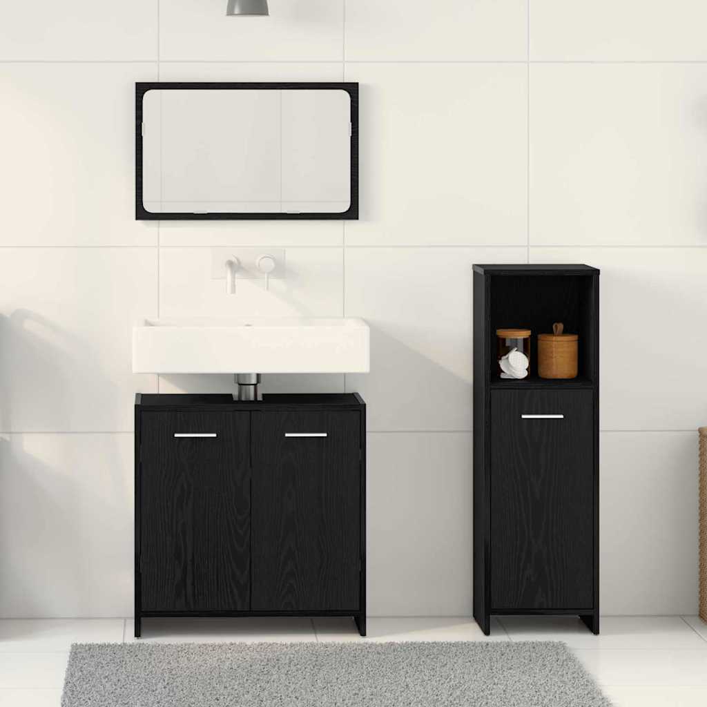 Badrumsmöbelset 3 St Svart Ek 30 X 30 X 95 Cm Konstruerat Trä