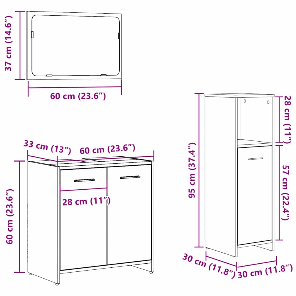 Badrumsmöbelset 3 St Svart Ek 30 X 30 X 95 Cm Konstruerat Trä