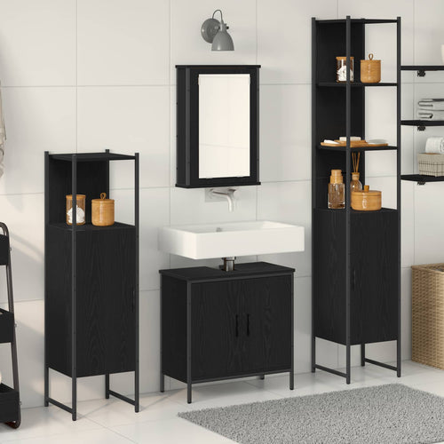 Badrumsmöbelset Med Hylla Med Dörr 4 Pcs Svart Konstruerat Trä
