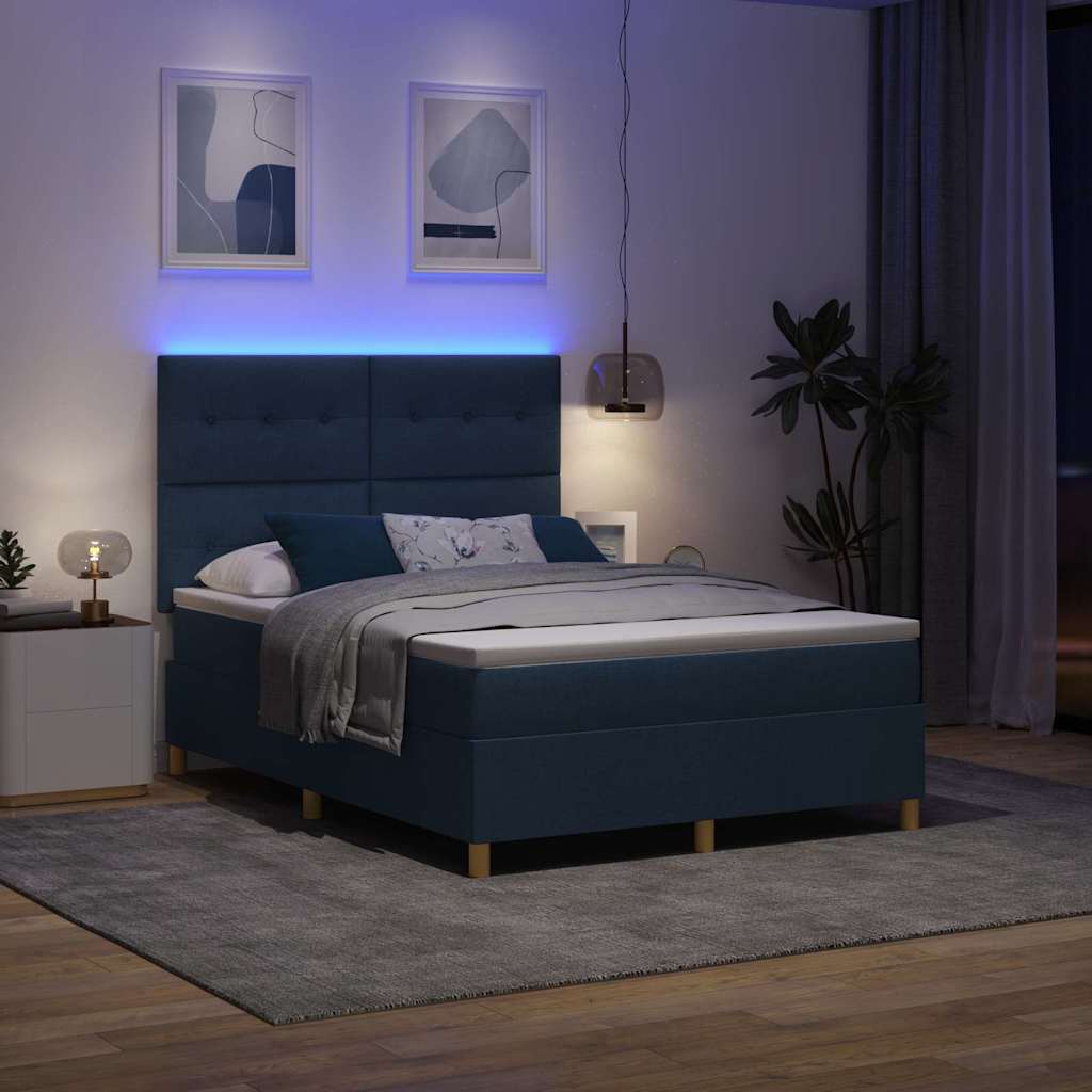 Led Box Säng Med Huvudgavel Blå 140 X 190 Cm Tyg