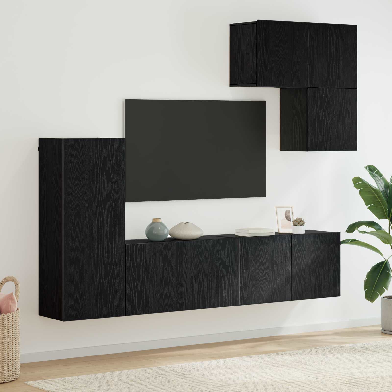 Tv-Väggmodul Väggmonterad 5 Pcs Svart Ek Konstruerat Trä