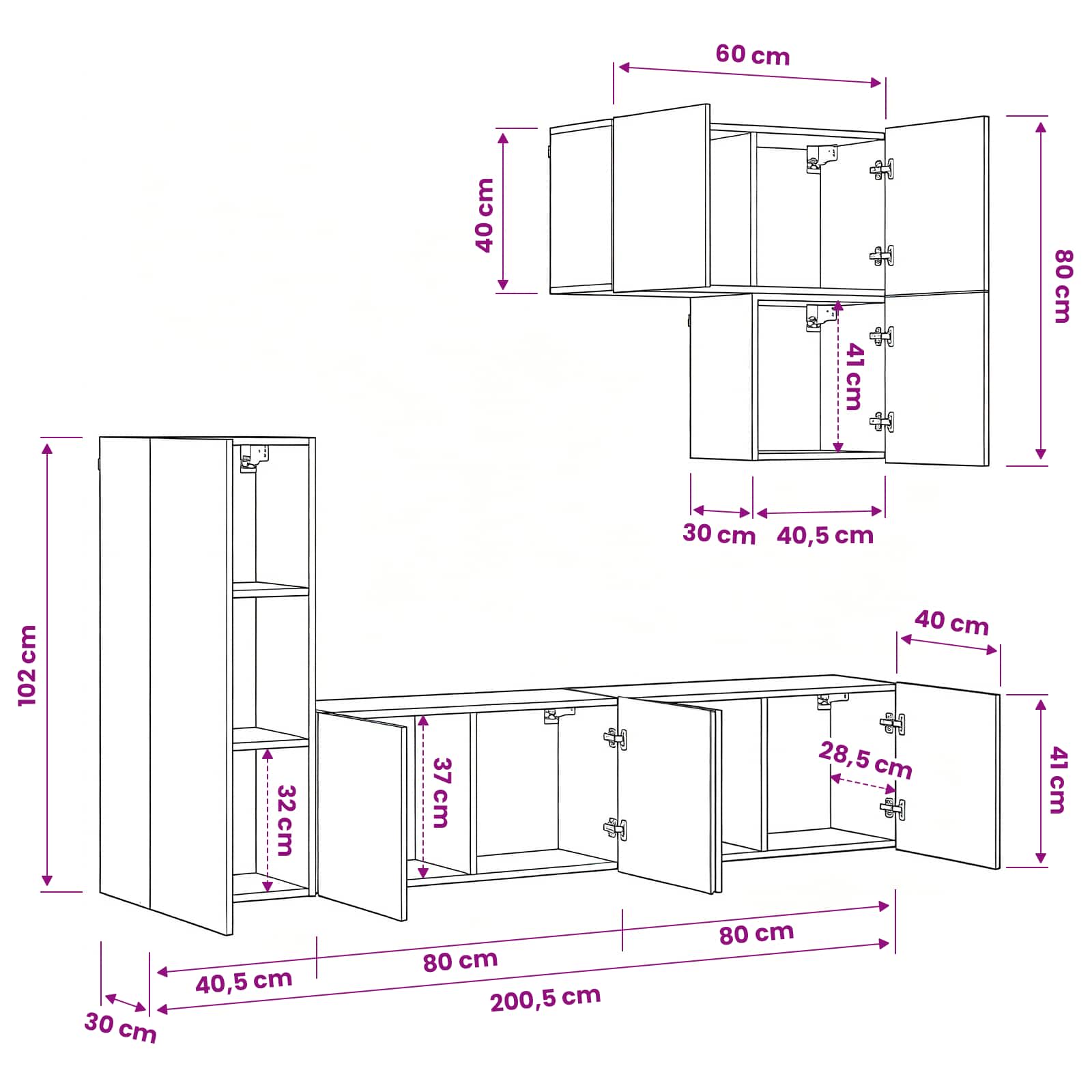 Tv-Väggmodul Väggmonterad 5 Pcs Svart Ek Konstruerat Trä