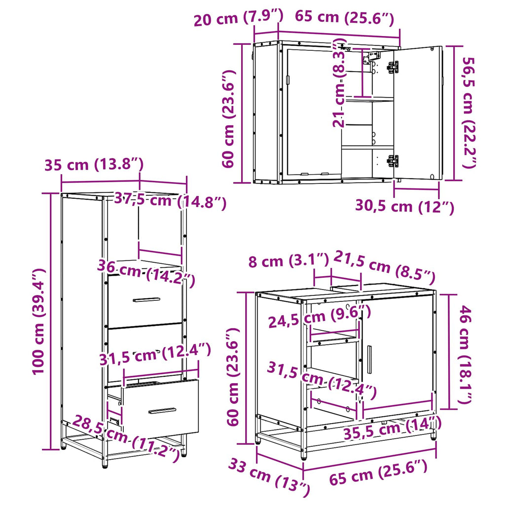 Badrumsmöbelset 3 St Gammalt Trä 65 X 33 X 60 Cm