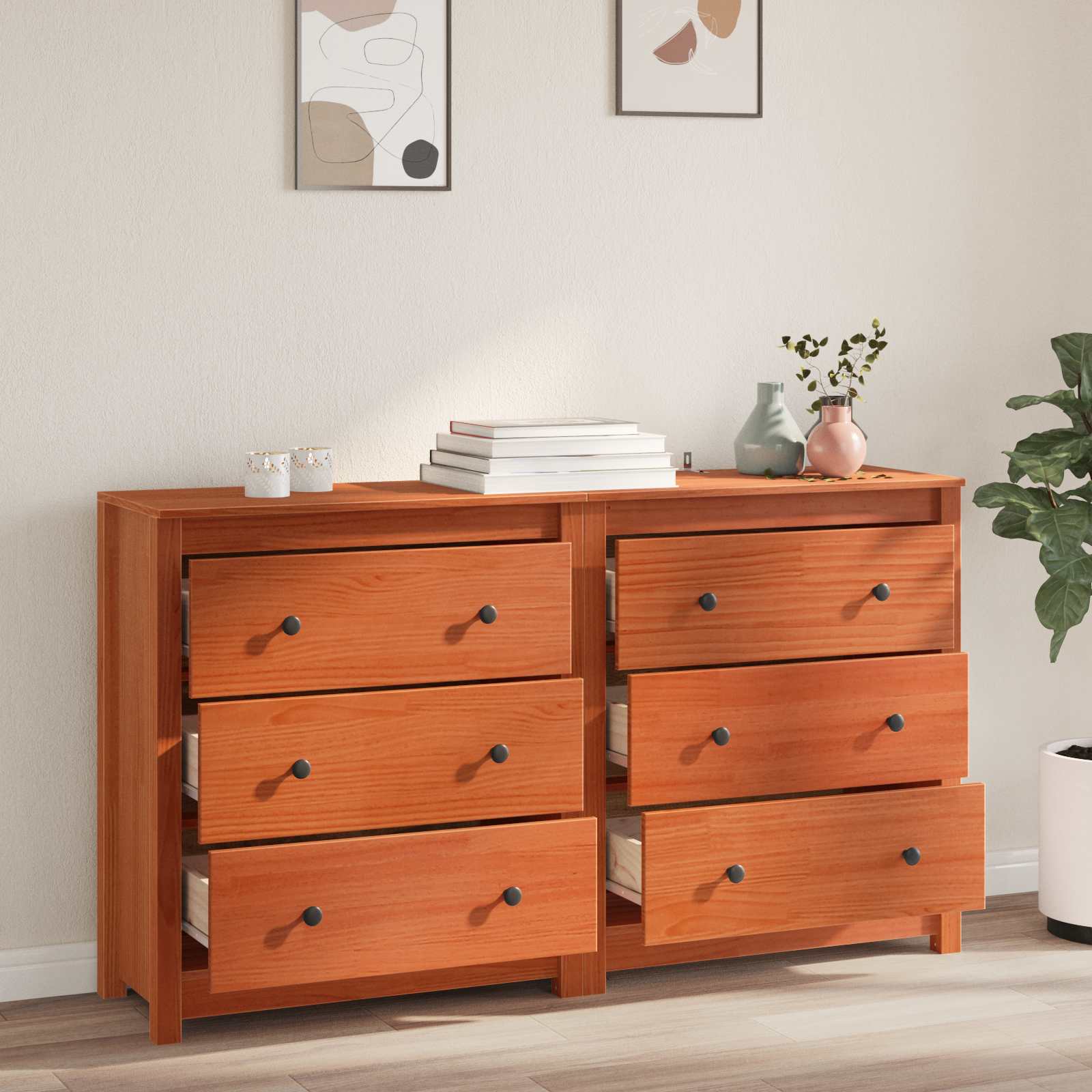 Sideboard Med Låda 2 Pcs Vaxbrun 140 X 35 X 80 Cm Massivt Furu
