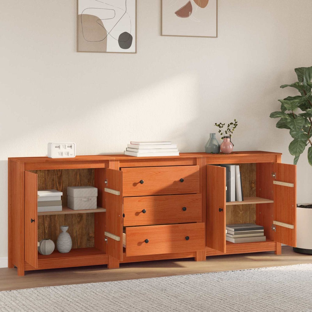 Sideboard Med Låda 3 Pcs Vaxbrun Massivt Furu