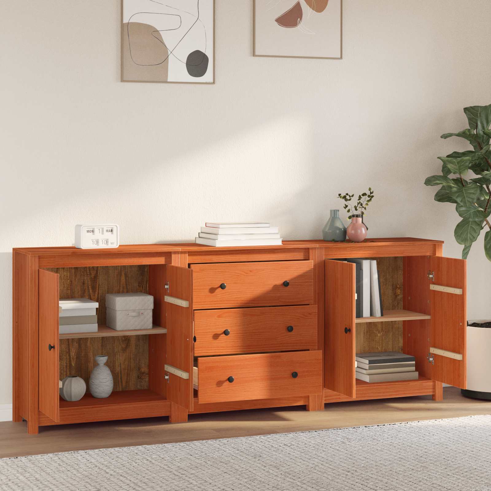 Sideboard Med Låda 3 Pcs Vaxbrun Massivt Furu
