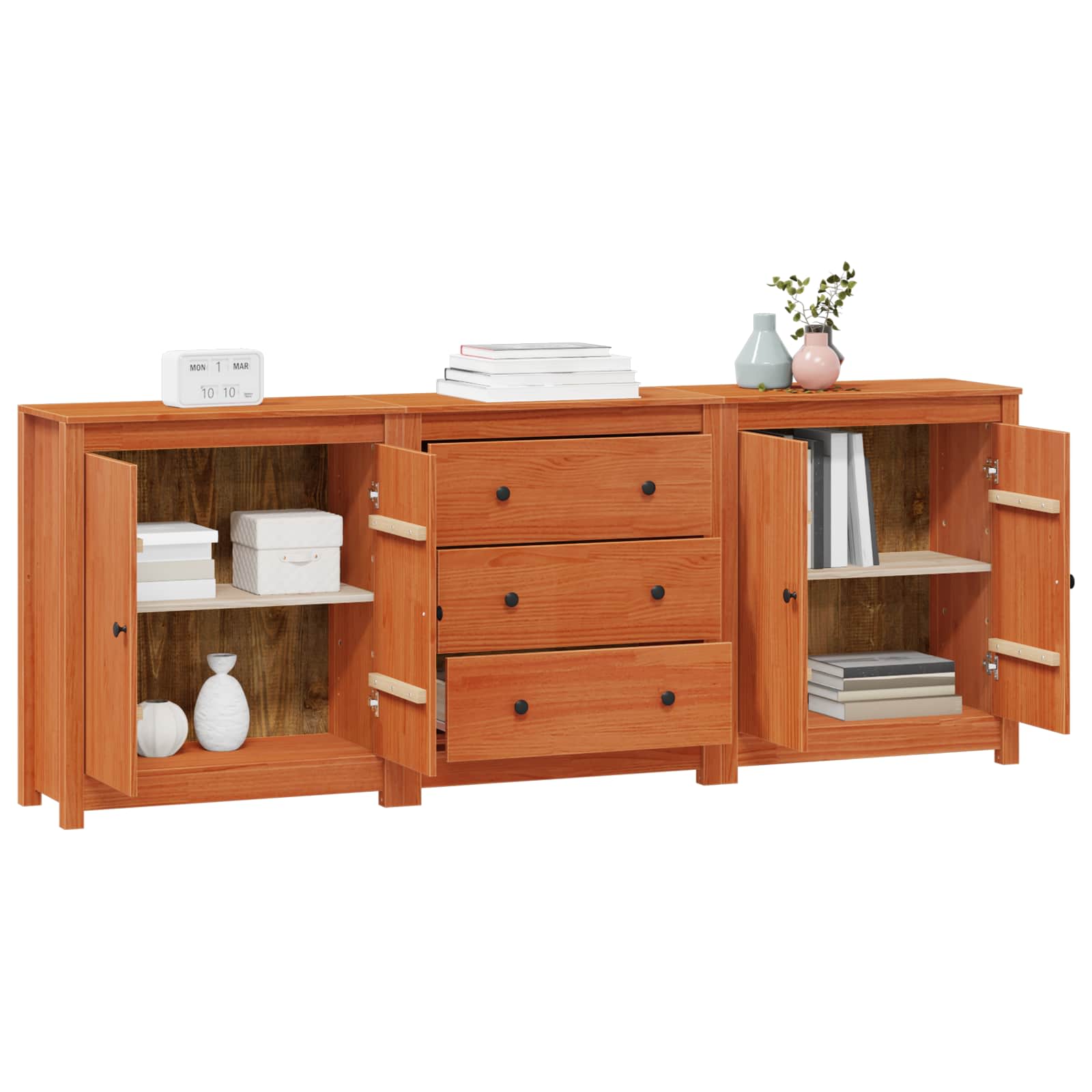 Sideboard Med Låda 3 Pcs Vaxbrun Massivt Furu
